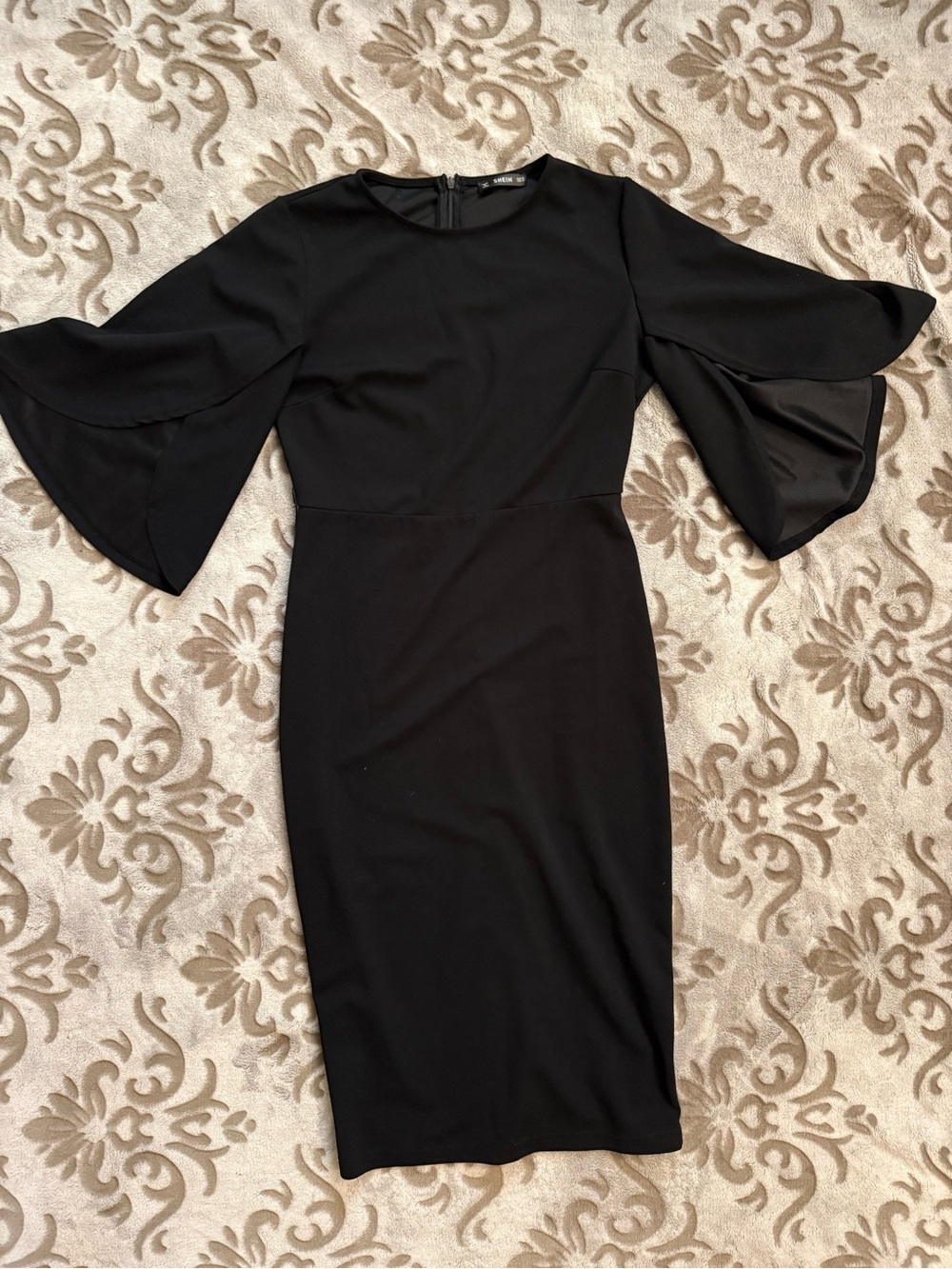 SHEIN Black Midi Dress with Dramatic Bell Sleeves